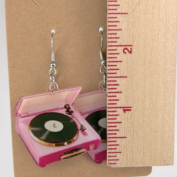 Music Loving 2D Acrylic Vinyl Record Player Earrings - Picture 2 of 2
